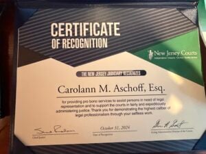 Carolann Aschoff recognized in 2024 by Chief Justice Stuart Rabner for her pro bono work